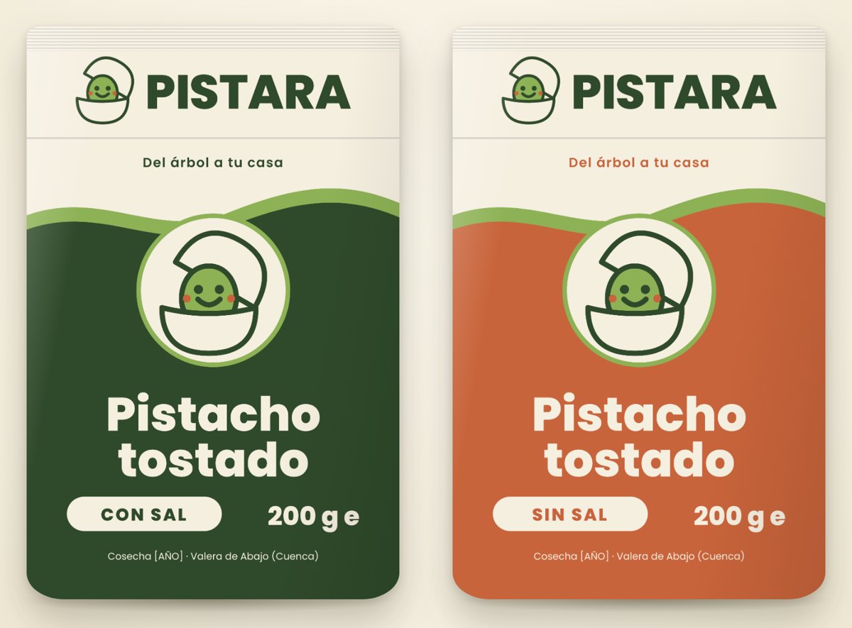 Bolsas de Pistara: pistacho tostado con sal, en verde, y sin sal, en terracota